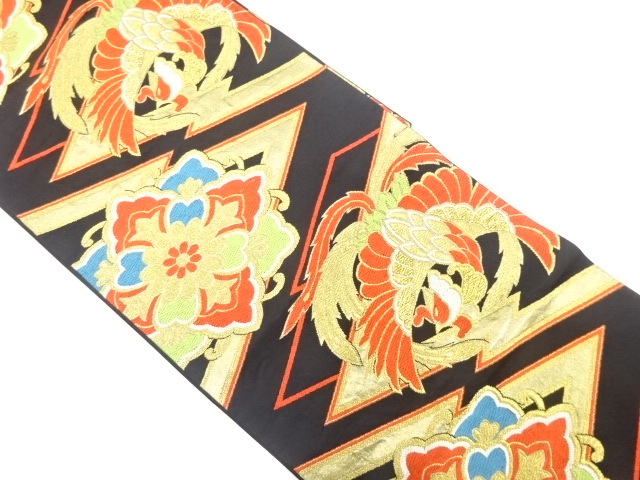 JAPANESE KIMONO / ANTIQUE FUKURO OBI / SILK / WOVEN PHOENIX & FLORAL CREST